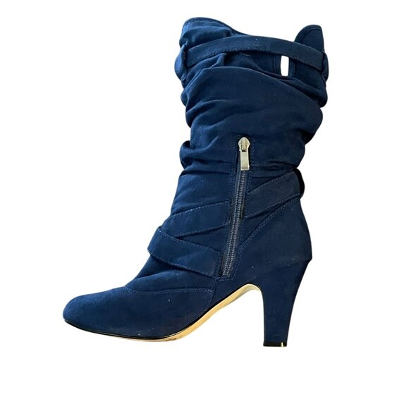 BAMBOO. Women Navy Blue Mid-Calf Heeled Boots With Wraparound Straps Size 8.5 - Picture 5 of 14